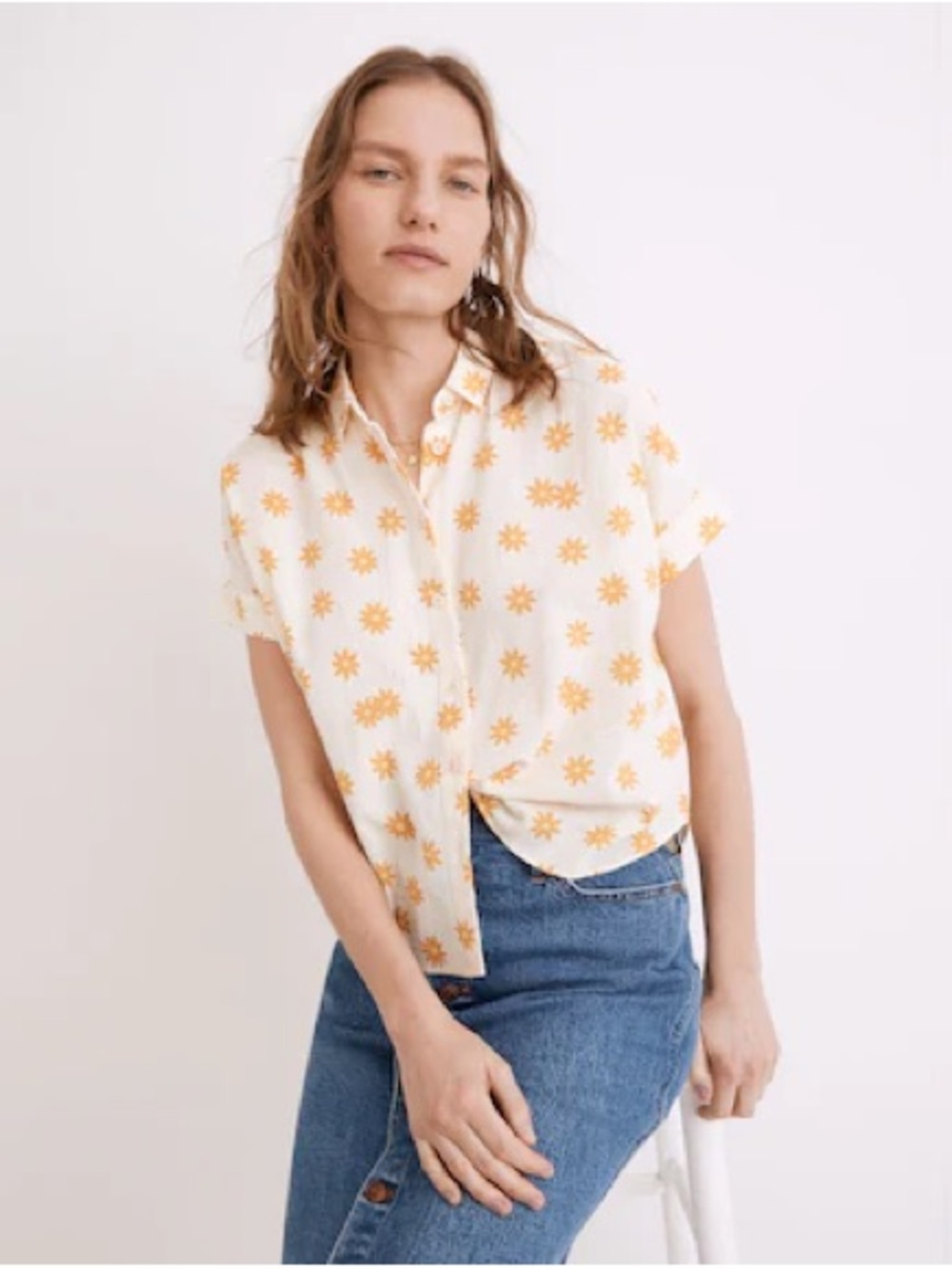 Madewell Cream Button-Down Top with Yellow Floral Print